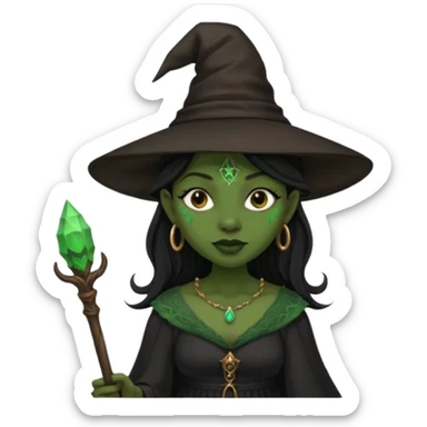 ведьма-африканка с зеленой кожей с широким носом в черном платье и черной ведьминской шляпе с посохом и длинными черными волосами  sticker