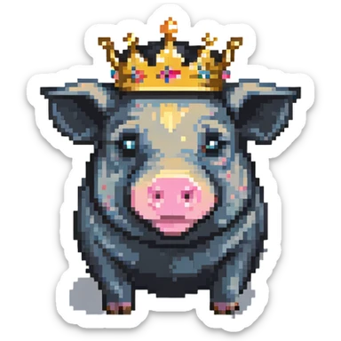 cute pig with a golden crown, chunky, colorful, simple, playful, pixel art style sticker