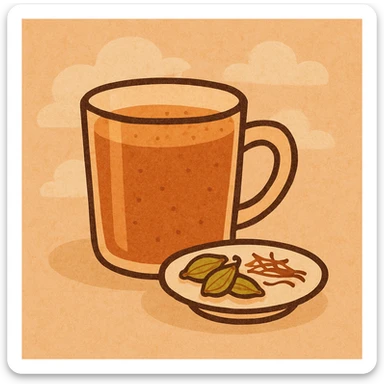 cartoon style karak tea in a glass cup, with a small plate of cardamom and saffron beside it sticker