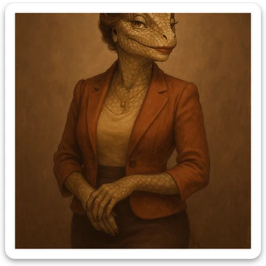 anthropomorphic lizard woman with mature, confident features, stylish clothing, warm and inviting expression, subtle makeup, elegant pose, detailed scales, feminine silhouette sticker