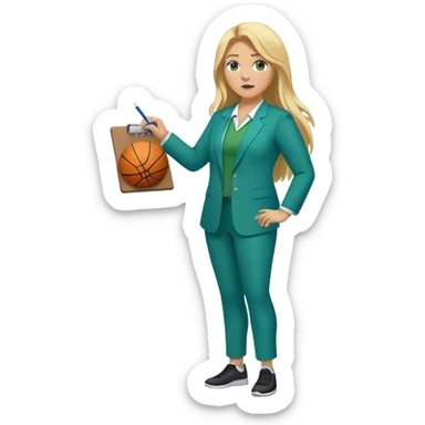 Full Body white plus size female basketball head coach using a clipboard with long blonde hair in a blue and green suit sticker