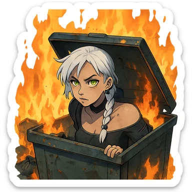 she is poking out from a garbage dumpster, fire, garbage fire, everything is on fire, a closeup portrait of young woman with gold yellow eyes, white hair, long braid, black off-shoulder top d-cup, punk gothic style, futuristic cyberwave cyberpunk, sticker