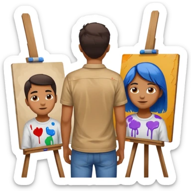 the artist stands with his back to the painting, painting a portrait sticker