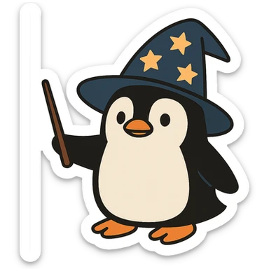 flat toon style penguin wizard with a starry hat sticker