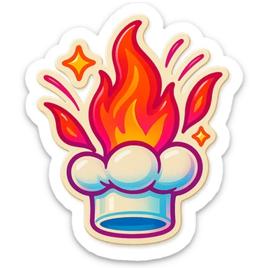 chef's hat explode with trails of fires, emoji, playful, magic flame neon orange to neon pink gradient, vibrant, flame matching style reference file sticker