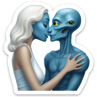 Alien reptilian woman in white dress hugs and kissing a normal "white male human man" in blue dress sticker