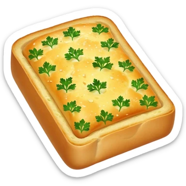 garlic bread slice, golden, crisp, melted butter, herbs, soft fluffy inside, toasted glossy crust, parsley and garlic flecks, no plate or knife, soft lighting, emoji scale sticker
