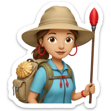 Middle aged women, long brown ponytail with wide brim hiking hat. With backpack and trekking poles. Backpack has a scallop shell with the cross of saint james hanging from it.  Remove the cross and add a scallop shell on a red string hanging from the backpack  sticker