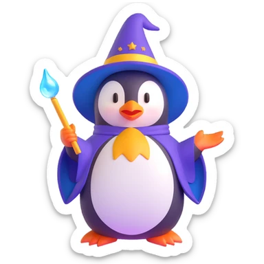 3D emoji of a penguin wizard with a magical aura sticker