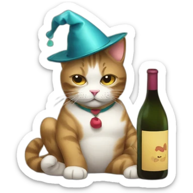 depressed tired kitty drinking wine and party hat on sticker