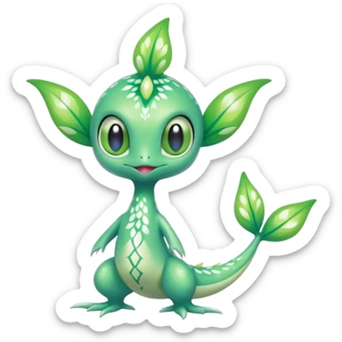 Sparkly White And Green Natural Flowery Colorful Grovyle-Swadloon-Celebi-Fakémon-hybrid-creature (full body)  sticker