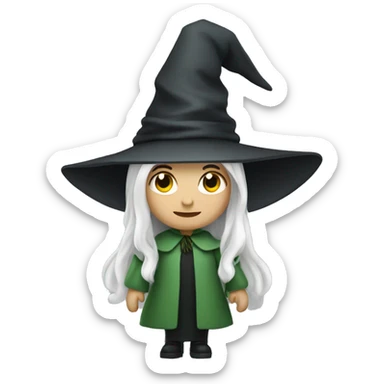 A white woman with white long hair and witch's hat and green clothes  sticker