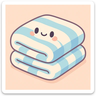 soft pastel white and blue blanket, folded tidily, gentle and cute vibe, pastel illustration style sticker