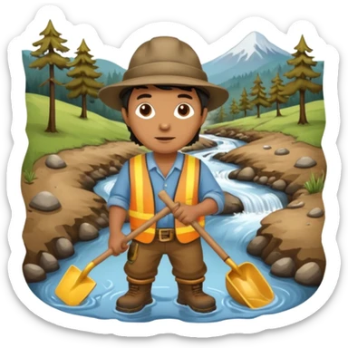 create a gold miner panning for gold near a stream sticker