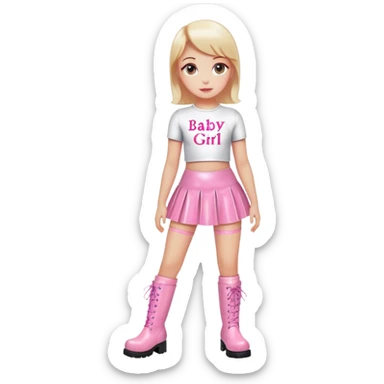 Mini latex skirt and boots and short top with pink inscription “Baby girl” sticker