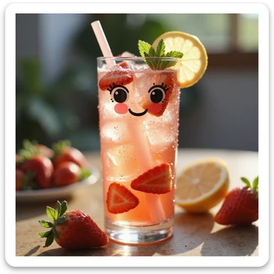 photorealistic strawberry spritz lemonade character in a tall glass filled with sparkling pink lemonade, strawberry slices, ice cubes, fizz, lemon slice and mint sprig on the rim, glass straw, subtle face formed by condensation with lifelike eyes and gentle smile, elegant summery sticker