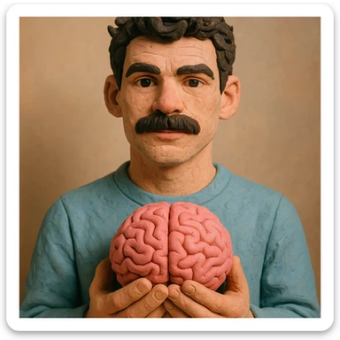 Enhance the claymation man holding a brain by adding more depth and dimension to the image. Make him more attractive and quirky, inspired by the first version, with dark curly hair, thick mustache, light skin, claymation style, visible fingerprints, and pastel colors. sticker