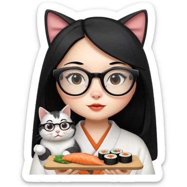 cute girl cat with long straight hair and really big square glasses with super thin frames eating sushi sticker