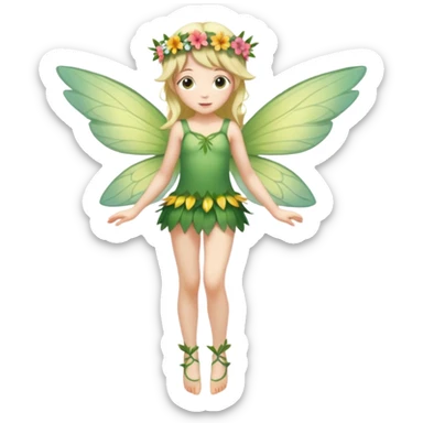 A flower fairy girl, slender in figure, with wings, her entire body slightly tilted, one leg straight, one leg bent, one hand raised, the other lowered. sticker