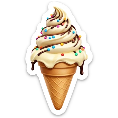 Cinematic scoop of rich, creamy ice cream, slightly melting, smooth swirls of chocolate and vanilla, colorful sprinkles on top, warm glowing background, playful and inviting. sticker