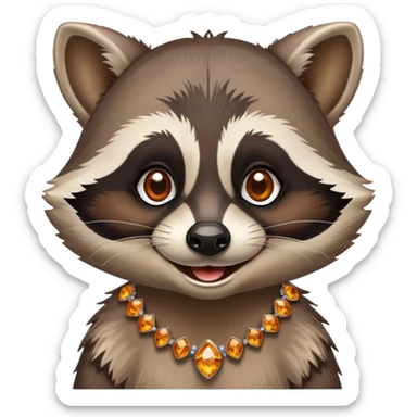 Steampunk style illustration depicting a happy raccoon with tanned skin, adorned with amber and diamonds sticker