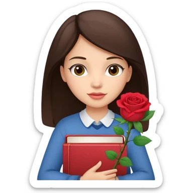 Brunette holds a stack of books + flower sticker