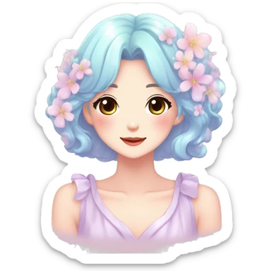 Gorgeous anime style lady blushing face dreamy idol model colorful shiny flowers kawaii pastelcore cottagecore pearly petite simplistic aesthetic trending style sticker