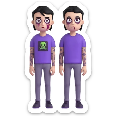 zombie boy with black emo hair and purple shirt, 3D emoji style sticker