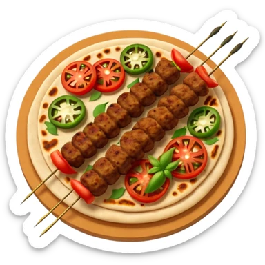 Adana kebab object icon, spicy grilled minced meat skewer, served on flatbread, grilled tomatoes and green peppers on the side, smoky char marks, juicy texture, 3D cartoon, mobile game icon style, centered, clean background, no text, no watermark
 sticker