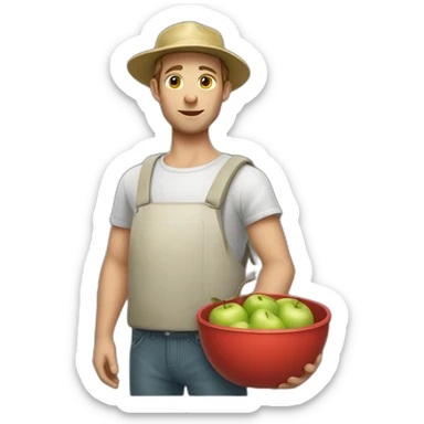 White apple picker with a collecting tank on his chest sticker