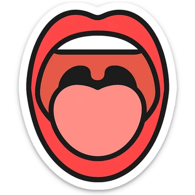 Schematic open mouth with visible tongue, symbolizing speech articulation and sound practice. Vector style, clean and sharp lines. Include realistic shadows and light reflections for depth. Minimalistic, educational design. Transparent background. High contrast between tongue, teeth, and lips for clarity. Flat illustration with soft shading, suitable for speech therapy materials sticker