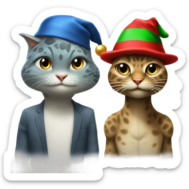 Dinosaur next to cat both wearing Christmas hats that are DJs ￼ sticker