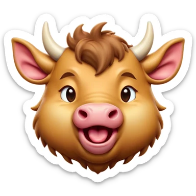 Cinematic Cute Yawning Domestic Ox Portrait Emoji, Head tilted slightly with a dramatic, wide-open yawn, showcasing a soft, textured hide with drooping horns and half-closed, drowsy eyes, Simplified yet irresistibly adorable features, highly detailed, glowing with a soft, cozy natural glow, high shine, relaxed yet expressive, stylized with a dash of pastoral whimsy, soft glowing outline, capturing the essence of a sleepy yet affectionate ox that seems ready to stretch out for a nap! sticker