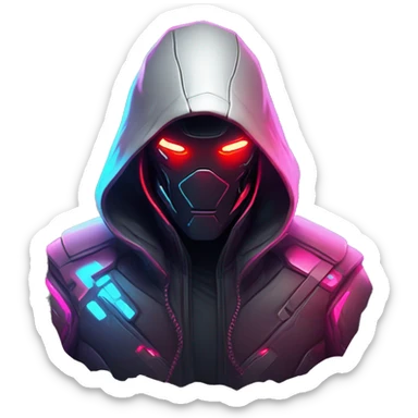 developer behind his laptop with this style : crysis Cyberpunk Riot Games Valorant neon glowing bright red character red dark black hooded assassin themed character sticker