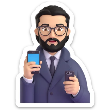 refined professional man standing, wearing black coat, with medium black beard, black hair neatly combed to one side, connected unibrow, olive tan skin, brown eyes, glasses, prominent nose, clearly holding a smartphone in hand sticker