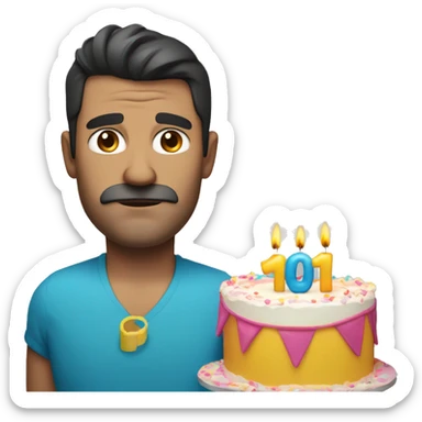 Middle aged dark haired man wearing pool armbands, holding a big birthday cake with a sad face sticker
