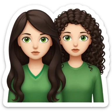Two scornful girls, 1: long ironed straight darkbrown hair, green eyes, 2: long curly darkbrown hair, brown eyes sticker