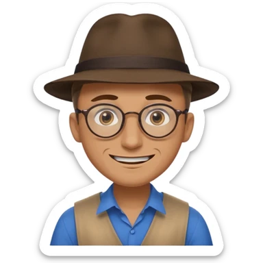 A man with sharp and thin face, brown round glasses, a brown hat and a brown costume with beige chemise (shoulders only), with blue eyes and a large smile on his face and menacing eyes. sticker