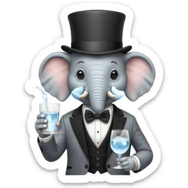 elephant wearing suit, bowtie and top hat, holding glass of water sticker