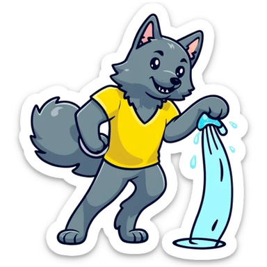 people in yellow shirts spraying water on an anthro black wolf sticker