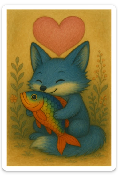 Make the heart above the blue fox and rainbow fish much bigger and pink, keep the ghibli style. sticker