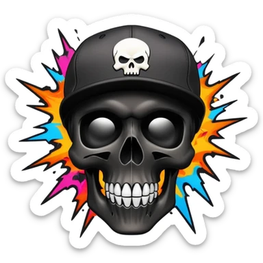 smooth black skull with wild graffiti explosion and hypebeast streetwear brand logos, angled view sticker