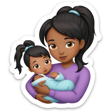 black Ponytail girl hugs a newborn baby and a girl sticker