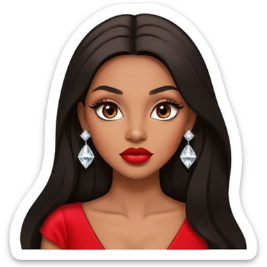 light brown skin tone, very beautiful woman, with big plump lips, long long lashes, black straight long hair, brown eyes, red dress, diamond stud earrings sticker