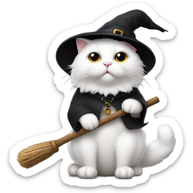White fluffy cat wearing black witch hat, sitting on a broom stick sticker
