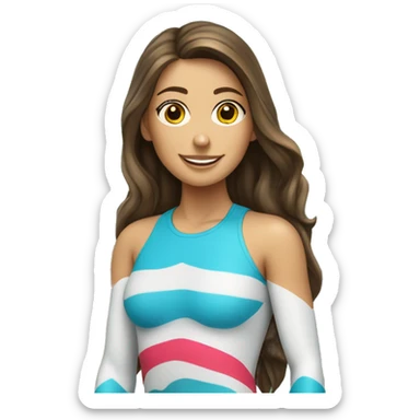 Brunette surfer girl on a surf board with wave sticker