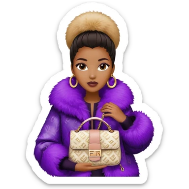 Beautiful black woman wearing a monogram Fendi jacket with a fur trim. She is carrying a purple sequin Fendi Baguette bag. I want the image close up sticker
