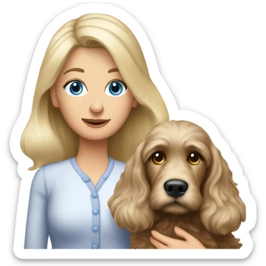 62 year Old blue eyed blonde lady with long straight hair with dark brown Cockapoo puppy dog sticker