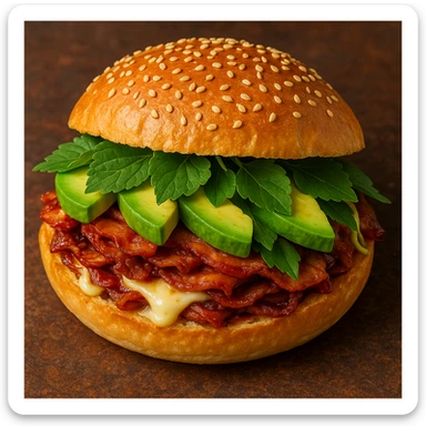 a cemita sandwich with visible layers of meat, cheese, avocado, and papalo sticker