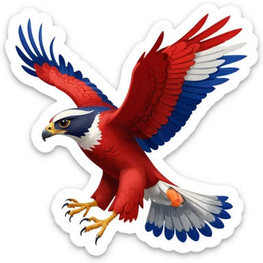 a falcon in mid-fall, wings flared, feathers ruffled, dramatic sense of motion, falcon colored red, white, and blueish sticker